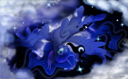 Size: 2000x1236 | Tagged: safe, artist:sakuracheetah, imported from derpibooru, princess luna, alicorn, pony, bedroom eyes, female, mare, mouth hold, on back, solo, stars