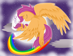 Size: 2000x1541 | Tagged: safe, artist:vavacung, imported from derpibooru, scootaloo, cloud, cloudy, moon, rainbow, underhoof