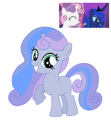 Size: 400x453 | Tagged: safe, artist:unoriginai, imported from derpibooru, oc, oc only, oc:midnight sonata, grin, looking at you, magical lesbian spawn, offspring, parent:princess luna, parent:sweetie belle, parents:lunabelle, raised hoof, simple background, smiling, white background