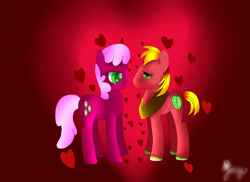 Size: 1048x762 | Tagged: safe, artist:jorge123esp, imported from derpibooru, big macintosh, cheerilee, earth pony, pony, cheerimac, heart, male, shipping, signature, stallion, straight