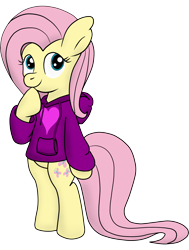 Size: 3023x4000 | Tagged: safe, artist:schizophrenicghost, imported from derpibooru, fluttershy, pony, bipedal, clothes, female, hoodie, solo