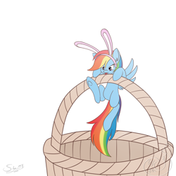 Size: 1280x1280 | Tagged: safe, artist:silverfox057, imported from derpibooru, rainbow dash, :p, basket, bunny ears, easter, female, frown, micro, solo, spread wings, tongue out, underhoof