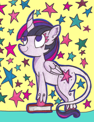 Size: 2489x3228 | Tagged: safe, artist:grocerystorephobic, imported from derpibooru, twilight sparkle, alicorn, classical unicorn, pony, book, female, leonine tail, mare, solo, stars, twilight sparkle (alicorn)