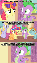 Size: 800x1350 | Tagged: safe, edit, edited screencap, imported from derpibooru, screencap, apple bloom, cloud kicker, scootaloo, snips, spike, dragon, earth pony, pegasus, pony, unicorn, for whom the sweetie belle toils, colt, female, filly, image macro, implied shipping, implied sparity, implied straight, male, mare, meme, scene parody, straight