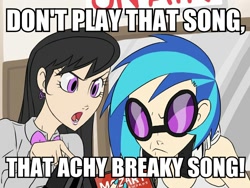 Size: 800x600 | Tagged: safe, artist:thelivingmachine02, imported from derpibooru, dj pon-3, octavia melody, vinyl scratch, human, achy breaky song, humanized, image macro, meme, weird al yankovic