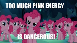 Size: 584x329 | Tagged: safe, edit, edited screencap, imported from derpibooru, screencap, pinkie pie, earth pony, pony, too many pinkie pies, caption, clone, female, image macro, linkara, mare, meme, meme origin, multeity, pinkie clone, power rangers, reference, that cute clone, too much pink energy is dangerous