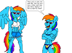 Size: 1024x745 | Tagged: safe, artist:dragonboi471, imported from derpibooru, rainbow dash, anthro, abs, clothes, daisy dukes, female, fetish, muscle fetish, muscles, rainbuff dash, solo, tanktop