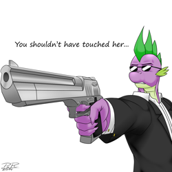 Size: 1280x1280 | Tagged: safe, artist:pabloracer, artist:pia-sama, imported from derpibooru, spike, anthro, desert eagle, gun, male, pistol, pulp fiction, solo