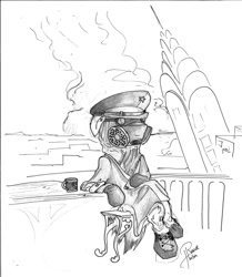 Size: 835x956 | Tagged: safe, artist:php64, imported from derpibooru, semi-anthro, military uniform, monochrome, mug, romantically apocalyptic, solo, traditional art, zee captain