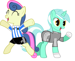 Size: 1215x995 | Tagged: safe, artist:ironm17, imported from derpibooru, bon bon, lyra heartstrings, sweetie drops, earth pony, pony, unicorn, ^^, argentina, clothes, duo, duo female, eyes closed, female, football, gloves, jersey, mare, open mouth, short-sleeved goalkeeper jersey, simple background, transparent background, world cup