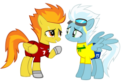 Size: 1705x1131 | Tagged: safe, artist:ironm17, imported from derpibooru, fleetfoot, spitfire, pegasus, pony, brazil, clothes, duo, duo female, female, football, gloves, jersey, mare, short-sleeved goalkeeper jersey, show accurate, simple background, spread wings, transparent background, wings, world cup