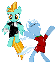 Size: 1203x1362 | Tagged: safe, artist:ironm17, imported from derpibooru, lightning dust, trixie, pegasus, pony, unicorn, clothes, duo, duo female, female, football, gloves, jersey, mare, portugal, short-sleeved goalkeeper jersey, simple background, transparent background, world cup