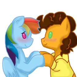 Size: 894x894 | Tagged: safe, artist:stockingstreams, imported from derpibooru, cheese sandwich, rainbow dash, blushing, cheesedash, female, male, pointy ponies, shipping, straight