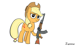 Size: 1296x776 | Tagged: safe, artist:zaponator, imported from derpibooru, applejack, ak-47, female, gun, rifle, simple background, solo, weapon