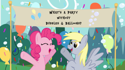 Size: 1024x576 | Tagged: safe, artist:oobrushstrokeoo, imported from derpibooru, derpy hooves, pinkie pie, pegasus, pony, balloon, bubble, female, mare, party