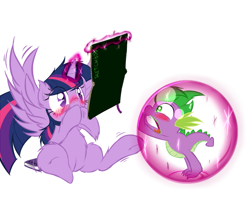 Size: 815x643 | Tagged: safe, artist:frist44, imported from derpibooru, spike, twilight sparkle, alicorn, pony, blushing, bottled character, caught, diary, embarrassed, female, force field, giggling, inside, magic, mare, sketchbook, teasing, this will end in tears and/or death, twilight sparkle (alicorn), wingboner