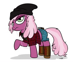 Size: 1024x865 | Tagged: safe, artist:catfood-mcfly, imported from derpibooru, cheerilee, 90s cheerilee, beanie, boots, clothes, earbuds, female, grunge, hat, messy mane, nirvana, shirt, shorts, solo, walkman