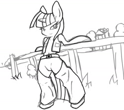 Size: 1696x1500 | Tagged: safe, imported from derpibooru, twilight sparkle, pony, semi-anthro, bipedal, farm, female, monochrome, sketch, solo, wip