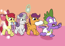 Size: 1248x883 | Tagged: safe, artist:artiecanvas, imported from derpibooru, apple bloom, scootaloo, spike, sweetie belle, dragon, earth pony, pegasus, pony, unicorn, baby bottle, baby powder, bottle, chase, cute, cutie mark crusaders, diaper, female, filly, foal, foal powder, funny, grin, levitation, looking back, magic, male, mouth hold, old art, poofy diaper, running away, shrunken pupils, smiling, telekinesis, tree sap and pine needles