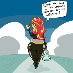 Size: 1000x1000 | Tagged: safe, artist:magicstraw, imported from derpibooru, sunset shimmer, equestria girls, ass, bag, burger, butt, fat, female, food, hamburger, slobset shimmer, solo, stuffed, the ass was fat, wide hips