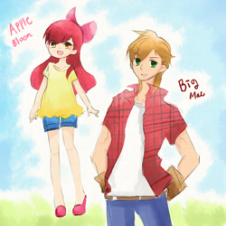 Size: 900x900 | Tagged: safe, artist:allwellll, imported from derpibooru, apple bloom, big macintosh, human, clothes, duo, humanized, shorts