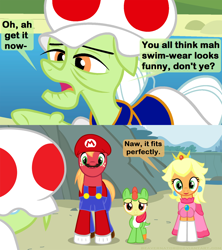 Size: 1280x1440 | Tagged: safe, artist:beavernator, imported from derpibooru, apple bloom, applejack, big macintosh, granny smith, earth pony, pony, yoshi, leap of faith, big mariotosh, clothes, comic, costume, crossover, dialogue, male, princess peach, stallion, super mario bros., toad (mario bros), toadstool