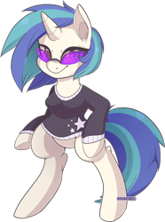 Size: 400x538 | Tagged: safe, artist:soulkillur, imported from derpibooru, dj pon-3, vinyl scratch, pony, unicorn, bipedal, clothes, female, hooves, horn, mare, simple background, solo, sunglasses, sweater