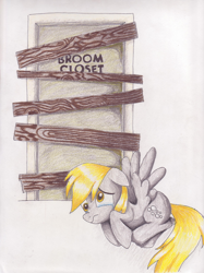 Size: 2516x3366 | Tagged: safe, artist:thepurpleskittle, imported from derpibooru, derpy hooves, pegasus, pony, broom closet, crossover, female, mare, solo, the stanley parable