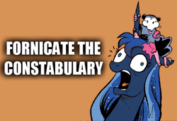 Size: 526x357 | Tagged: safe, idw, imported from derpibooru, princess luna, tiberius, spoiler:comicm10, caption, derp, fuck the police, open mouth, vulgar, wide eyes