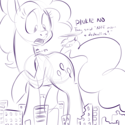 Size: 500x500 | Tagged: safe, artist:goat train, imported from derpibooru, pinkie pie, pony, giant pony, helicopter, macro, monochrome, sketch