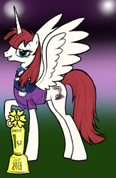 Size: 597x915 | Tagged: artist needed, safe, imported from derpibooru, oc, oc only, oc:fausticorn, alicorn, pony, /mlp/, 4chan, 4chan cup, alicorn oc, solo, trophy