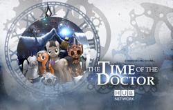 Size: 1500x955 | Tagged: safe, artist:sitrirokoia, imported from derpibooru, doctor whooves, time turner, cyber pony, cyberman, cyborg, earth pony, pegasus, pony, bowtie, christmas, clara oswin oswald, crossover, dalek, doctor who, handles, hd, poster, slendermane, snow, television, wallpaper, weeping angel