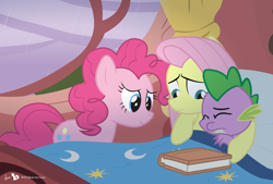 Size: 1200x812 | Tagged: safe, artist:dm29, imported from derpibooru, fluttershy, pinkie pie, spike, bed, comforting, crying, cute, female, fluttermom, julian yeo is trying to murder us, male, mama fluttershy, sad, spikelove, trio