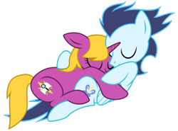 Size: 770x570 | Tagged: safe, artist:brightstarclick, artist:bryastar, artist:mewtwo-ex, imported from derpibooru, soarin', oc, oc:bright star, pegasus, pony, unicorn, base used, bright star, canon x oc, cuddling, cute, female, hug, love, male, snuggling, straight