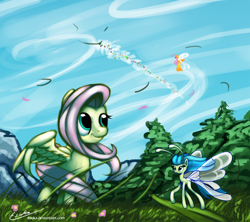 Size: 1480x1314 | Tagged: safe, artist:esuka, imported from derpibooru, fluttershy, breezie, it ain't easy being breezies, flying, grass, wind, windswept mane