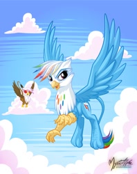 Size: 950x1200 | Tagged: safe, artist:mysticalpha, imported from derpibooru, gilda, rainbow dash, griffon, cloud, cloudy, female, flying, gildash, griffonized, heart, heart eyes, lesbian, observer, open mouth, rainbow griffon, shipping, smiling, species swap, spread wings, wingboner