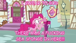 Size: 640x360 | Tagged: safe, edit, edited screencap, imported from derpibooru, screencap, pinkie pie, caption, chocolate with nuts, female, hi mailman, insanity, mailbox, pink text, solo, spongebob squarepants, text edit, vulgar