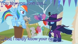 Size: 1280x720 | Tagged: safe, edit, edited screencap, imported from derpibooru, screencap, mare do well, rainbow dash, balloon, caption, freddie mercury, image macro, lyrics, meme, queen (band), shipping, text edit, the games we play