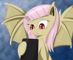 Size: 2958x2404 | Tagged: safe, artist:iados, imported from derpibooru, fluttershy, bat pony, pony, confused, female, flutterbat, ipad, pun, race swap, solo, visual pun