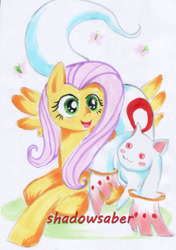 Size: 750x1065 | Tagged: safe, artist:shadowsaber, imported from derpibooru, fluttershy, alien, butterfly, pegasus, pony, crossover, emiri katou, incubator (species), japanese, kyubey, kyubeyshy, puella magi madoka magica, traditional art, voice actor joke