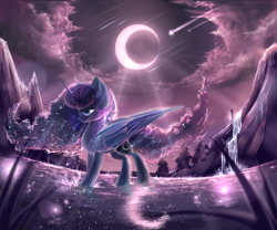 Size: 3000x2500 | Tagged: safe, artist:aquagalaxy, imported from derpibooru, princess luna, cloud, crepuscular rays, crescent moon, ear fluff, ethereal mane, female, galaxy mane, meteor shower, moon, night, scenery, shooting star, sky, solo, starry mane, stars, water, waterfall