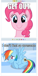 Size: 271x543 | Tagged: safe, imported from derpibooru, pinkie pie, rainbow dash, derpibooru, exploitable meme, get out, juxtaposition, juxtaposition win, meme, meta, text