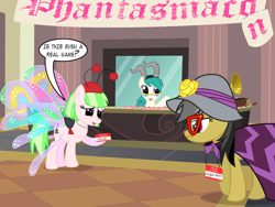 Size: 1280x960 | Tagged: safe, artist:violetclm, imported from derpibooru, a.k. yearling, daring do, drama letter, watermelody, earth pony, pegasus, pony, equestria girls, background human, butterfly wings, capricorn, clothes, convention, daring do is not amused, dialogue, dress, equestria girls ponified, glasses, glimmer wings, headband, name tag, phonograph, ponified, ponyscopes, saddle, unamused, we couldn't fit it all in, wings, zodiac