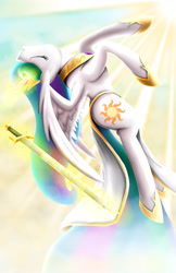 Size: 3300x5100 | Tagged: safe, artist:spiritofthwwolf, imported from derpibooru, princess celestia, crepuscular rays, eyes closed, female, flying, magic, solo, sun, sword, telekinesis, warrior celestia, weapon