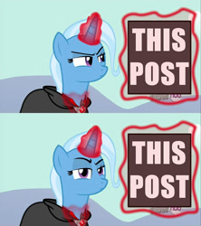 Size: 768x864 | Tagged: safe, imported from derpibooru, trixie, magic duel, alicorn amulet, looking at you, magic, reaction image, unamused