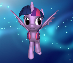 Size: 649x560 | Tagged: safe, imported from derpibooru, twilight sparkle, alicorn, pony, 3d, 3d pony creator, adorkable, cute, dork, female, headphones, mare, pony creator 3d, ponylumen, raised hoof, smiling, solo, spread wings, twiabetes, twilight sparkle (alicorn)