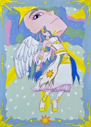 Size: 1000x1398 | Tagged: safe, artist:mornincloud, imported from derpibooru, princess celestia, human, female, humanized, solo, traditional art, winged humanization