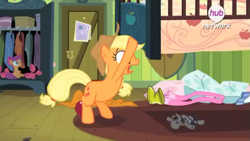 Size: 1219x687 | Tagged: safe, imported from derpibooru, screencap, applejack, scootaloo, smarty pants, somepony to watch over me, hub logo, under the bed