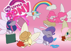 Size: 1024x745 | Tagged: safe, artist:toughset, imported from derpibooru, applejack, fluttershy, pinkie pie, rainbow dash, rarity, twilight sparkle, moth, mothpony, original species, apple, book, juice box, mane six, my little x, pie, rainbow, species swap