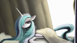 Size: 4608x2592 | Tagged: safe, artist:auroriia, imported from derpibooru, princess celestia, pony, absurd resolution, bed, bed mane, blanket, female, floppy ears, looking at you, messy mane, morning ponies, prone, smiling, solo